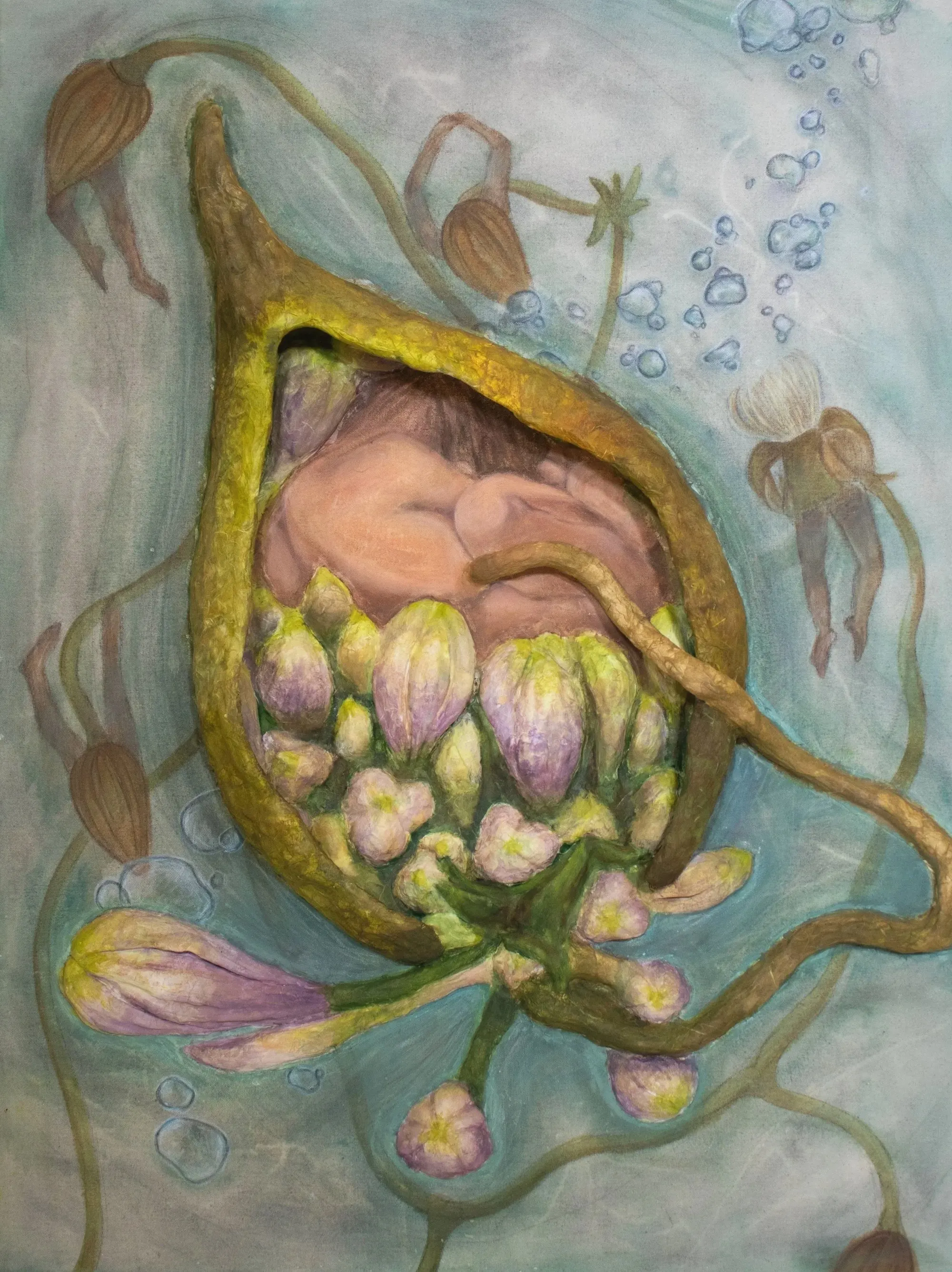 Breath (2025) by Yoon Lee, Clay, foil, mulberry paper, acrylics, and color pencils on Canvas — image 1 of 5